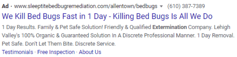 Google Ad for Bed Bug control