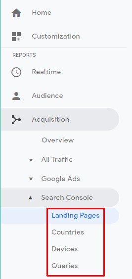 Google Search Analytics Menu for Dimensions