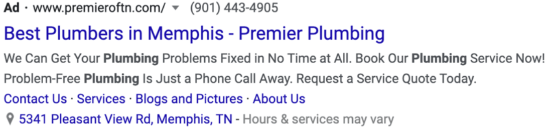 Google ad for the best plumbers