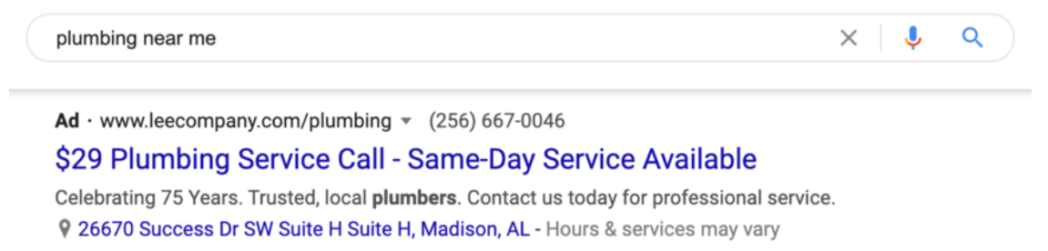 Google ad for plumbing near me