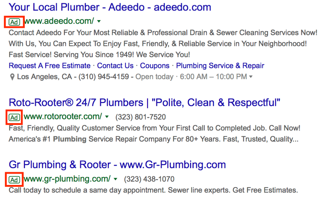 Google ad listings for plumbing