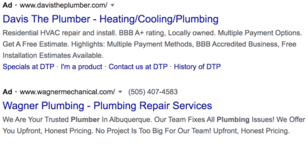 Google ad listings for plumbing