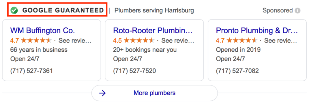 Google ad listings for plumbing