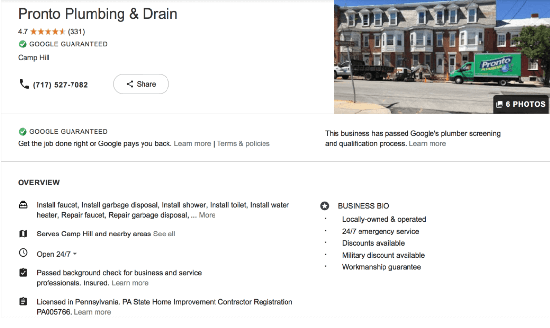 Google listing for Pronto Plumbing & Drain