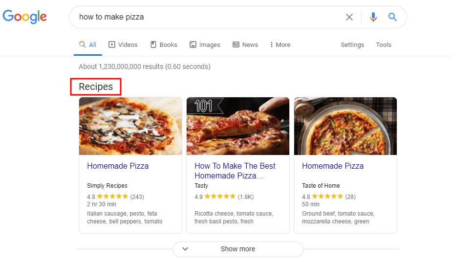 Google recipes 2020