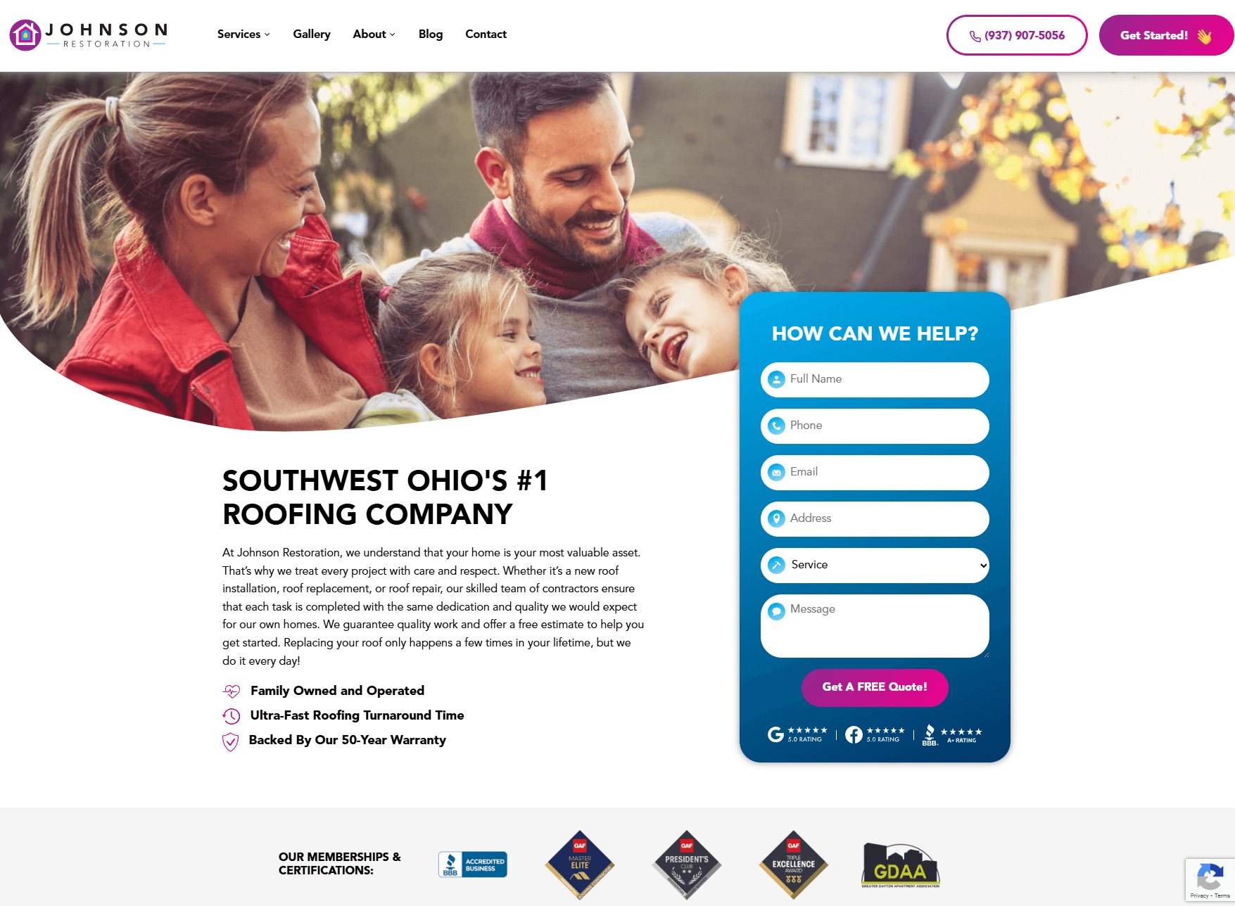 A screenshot of Johnson Restoration website homepage.