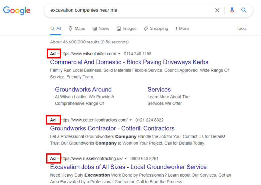 Google search screenshot of excavation company ads