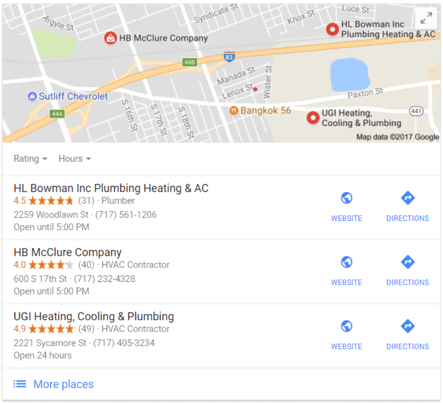 Google plumber listings with map