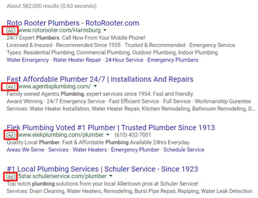 Google Ad listing for plumbers