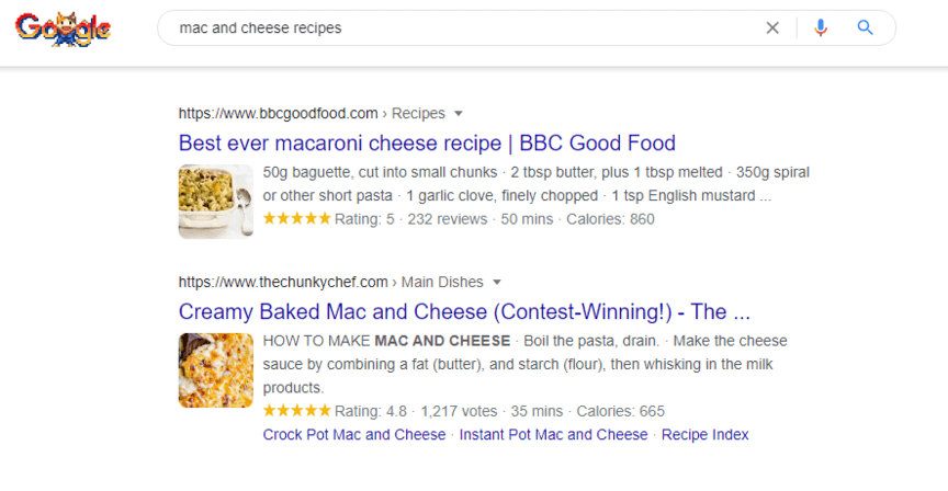 SEO SERP results for mac and cheese recipe