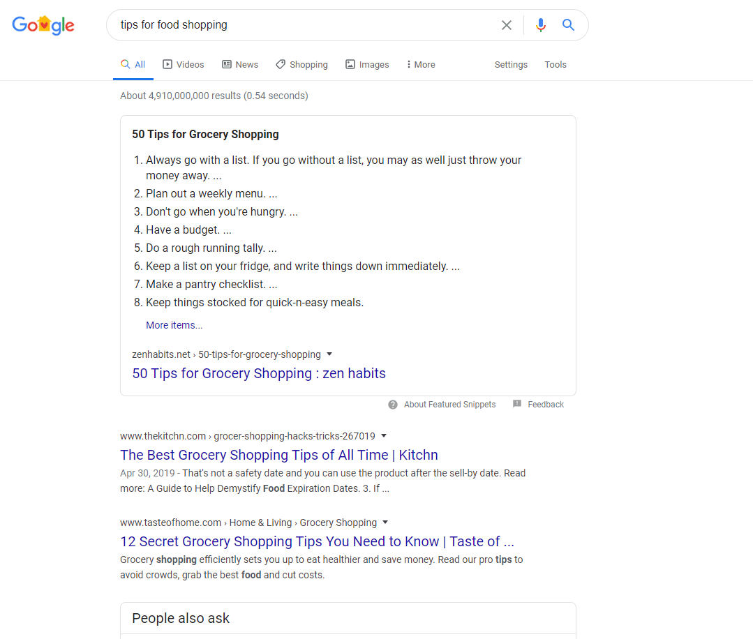 SERP for food shopping tips