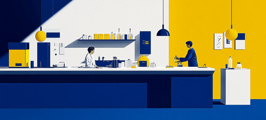 2 Lab workers talking and working