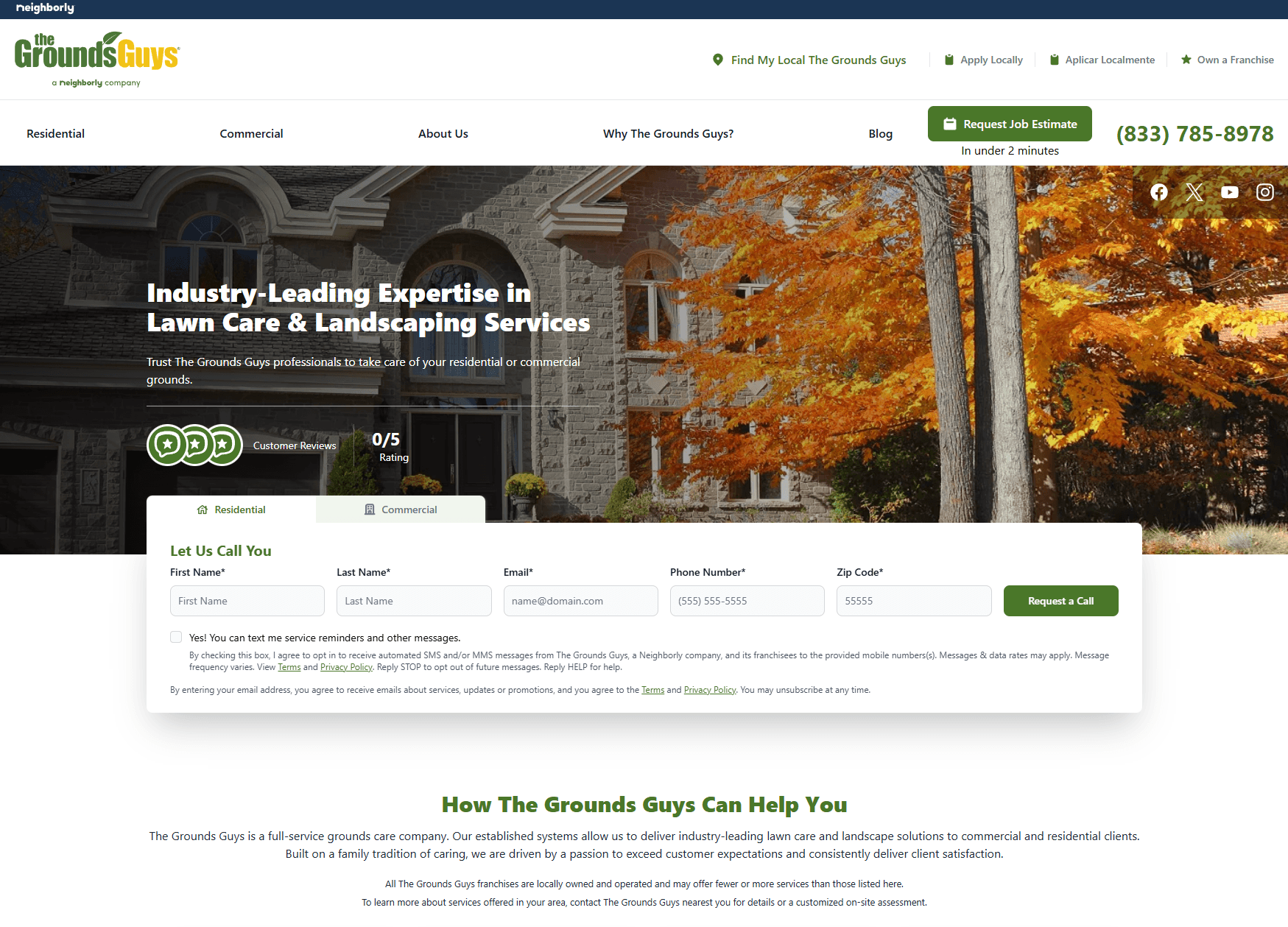 A screenshot of The Grounds Guys website homepage.