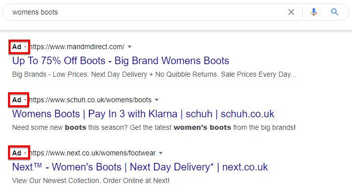 Screenshot of PPC ads in a Google search