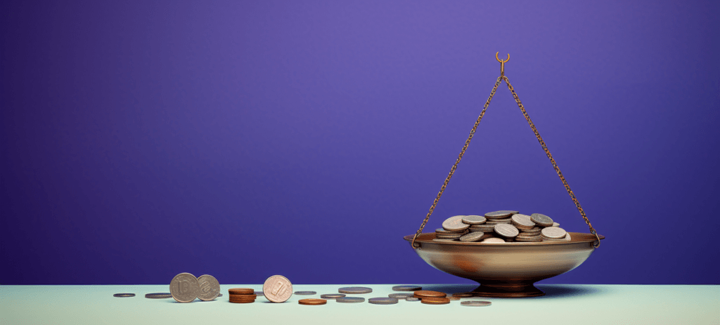 A traditional balance scale with one bowl filled with coins tipping to one side, with additional coins scattered on a pale green surface against a purple background.