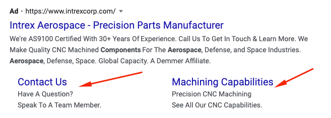 aerospace manufacturer paid search ad with sitelink extensions 