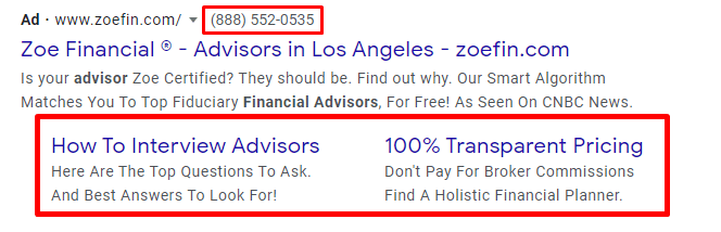 Finance industry ad extension example