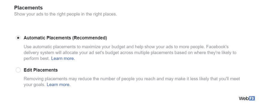 A screenshot of ad placement options for Facebook advertising