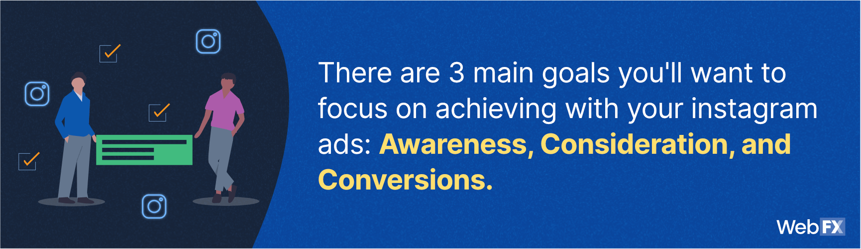 There are 3 main goals you'll want to focus on achieving with your instagram ads: awareness, consideration, and conversions