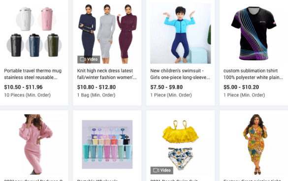 Screenshot of an online shopping platform displaying a selection of products including a portable thermo mug, knit dresses, children's swimsuits, a custom t-shirt, a girl's pink jumpsuit, colorful toothbrushes, and women's swimsuits, with prices and minimum order quantities.