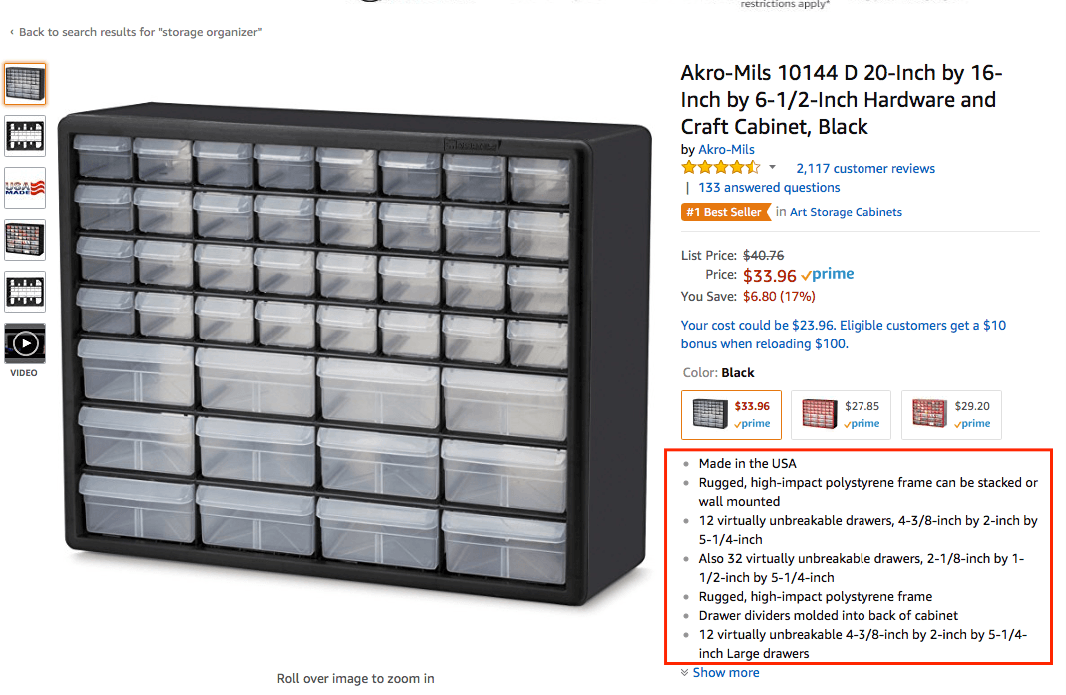 amazon product features section