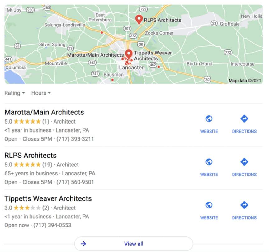 google my business results for lancaster architects