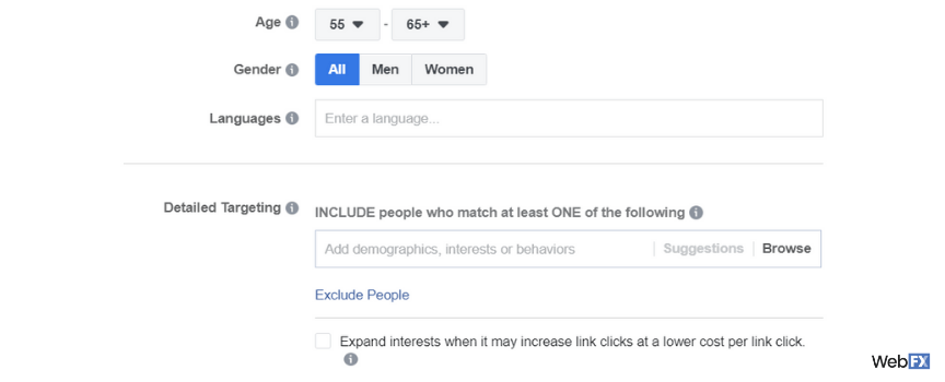 A screenshot of audience targeting options for Facebook ads