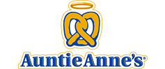 Logo of Auntie Anne's featuring a stylized pretzel forming a heart above the brand name in blue and yellow.