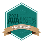 2021 AVA Digital Awards Gold Winner badge featuring a teal shield with a gold border, a gold ribbon across the bottom, and white text.