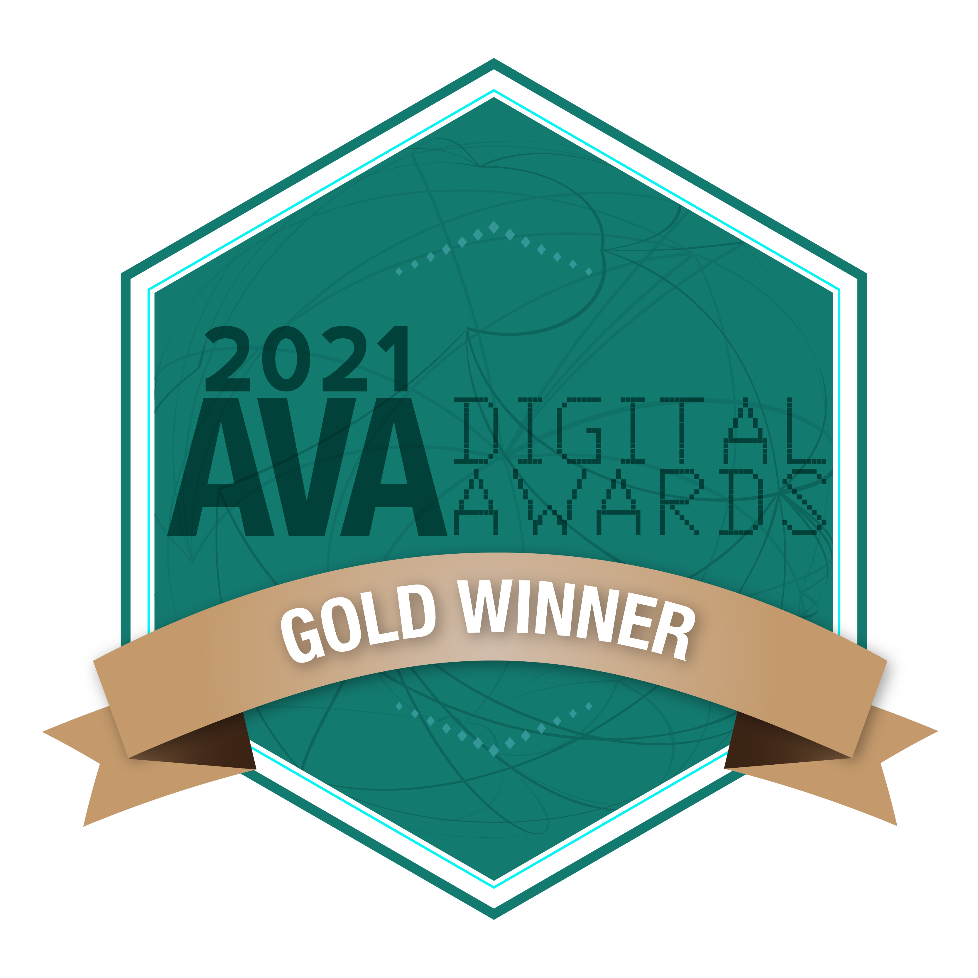 2021 AVA Digital Awards emblem with a teal and dark abstract patterned background, featuring a gold ribbon stating 'GOLD WINNER'.