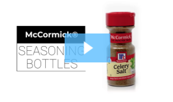 McCormick Celery Salt seasoning bottle next to the McCormick logo and the words 'SEASONING BOTTLES', with a video play button overlay.