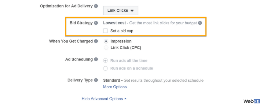 zrzut ekranu opcji strategii budżetowej w reklamach na Facebooku