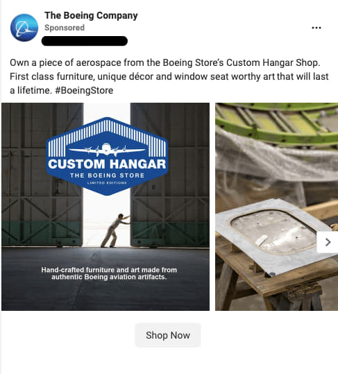 boeing social ad for the boeing custom hangar shop