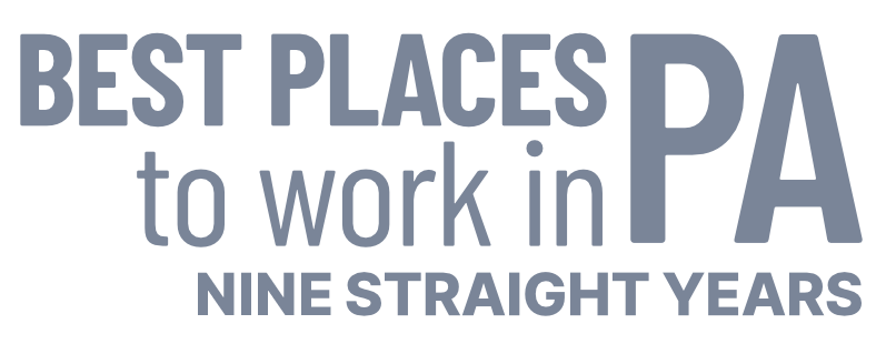 Logo with the text 'BEST PLACES to WORK in PA' with a blue swoosh under 'BEST PLACES' and 'eight straight years' in gray below.