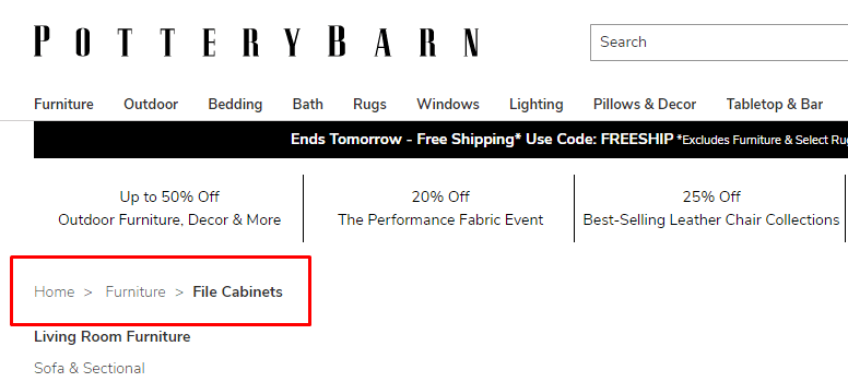 screenshot of breadcrumbs on pottery barn website