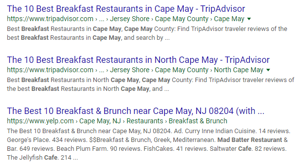Como as pequenas empresas podem se classificar no Google: três estratégias 2 Exemplo de resultados de pesquisa do Google em restaurantes com café da manhã em Cape May