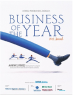 Poster for 'Business of the Year 2021' event with a large blue tie unraveling at the bottom and figures of people overcoming the threads as obstacles, including event details and sponsor logos.