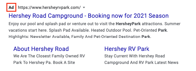 example ppc ad for campgrounds