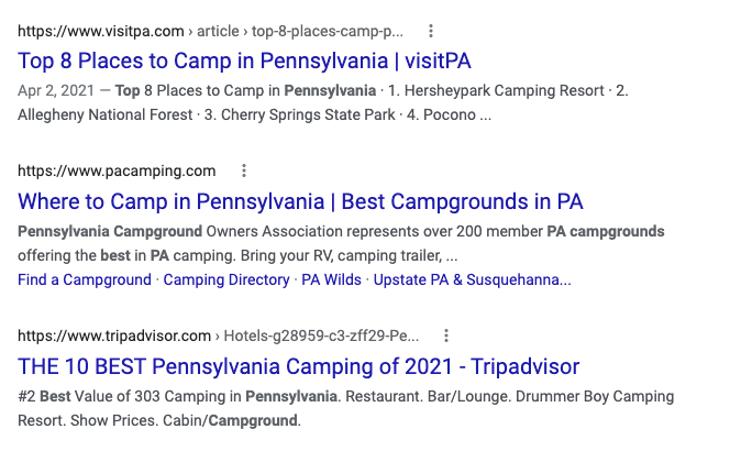 serps for pa campgrounds