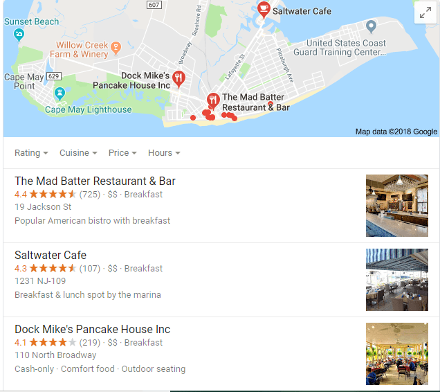 Como as pequenas empresas podem se classificar no Google: três estratégias 1 Exemplo de pesquisa no Google de restaurantes em Cape May NJ