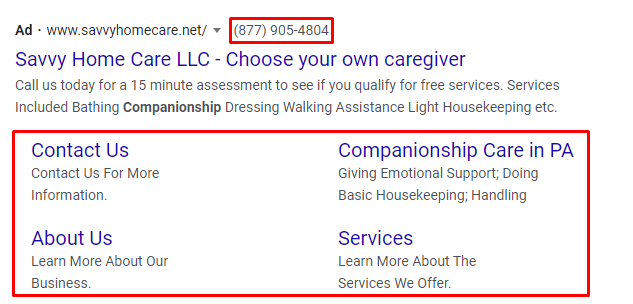 caregiver ad with extensions