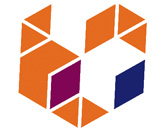 A stylized logo consisting of geometric shapes forming a hexagon with orange and purple colors.