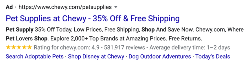 PPC Google search ad example Chewy.com