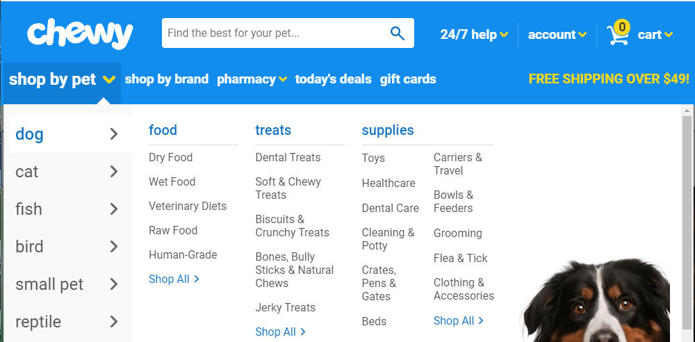 Chewy site navigation