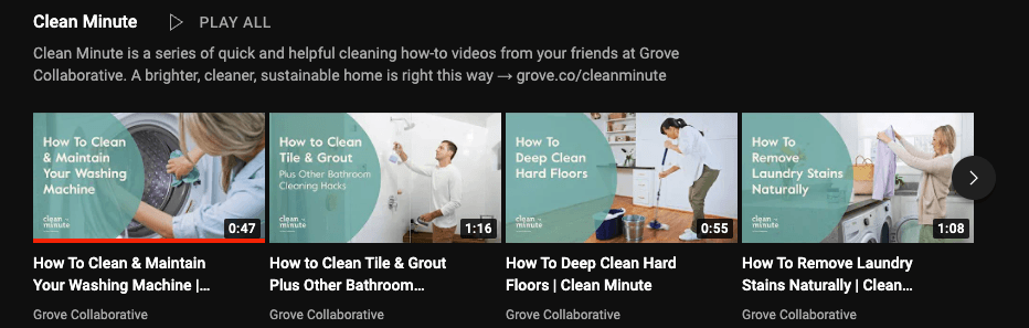 Videos on Grove.co's YouTube channel with minute cleaning sessions