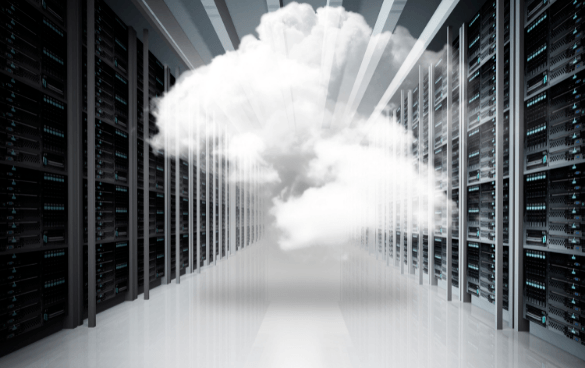 Conceptual image of cloud computing with a realistic cloud floating in the center of a data center aisle between server racks.