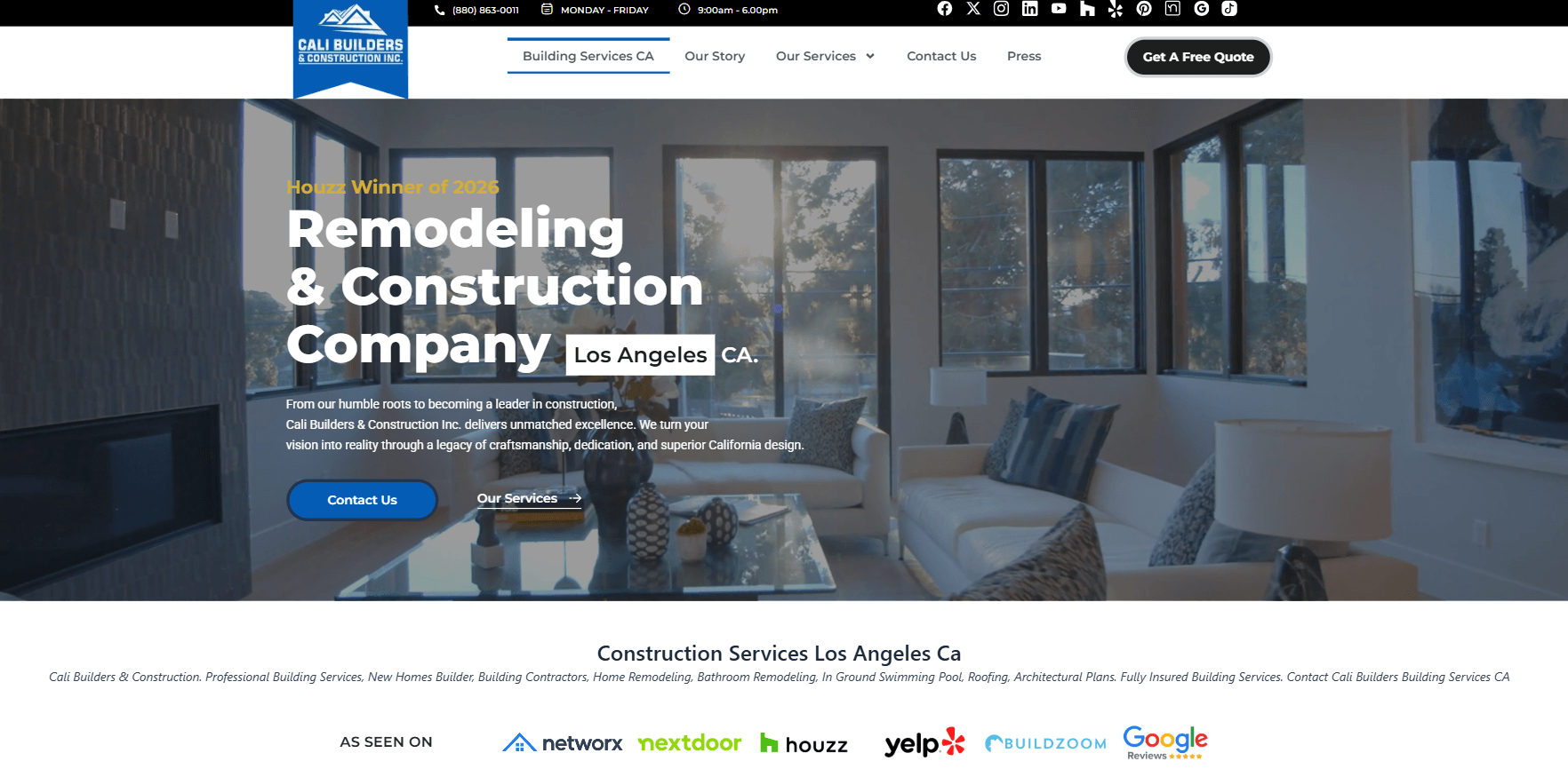 Construction company homepage featuring remodeling services, professional imagery, trust badges, and call-to-action buttons.