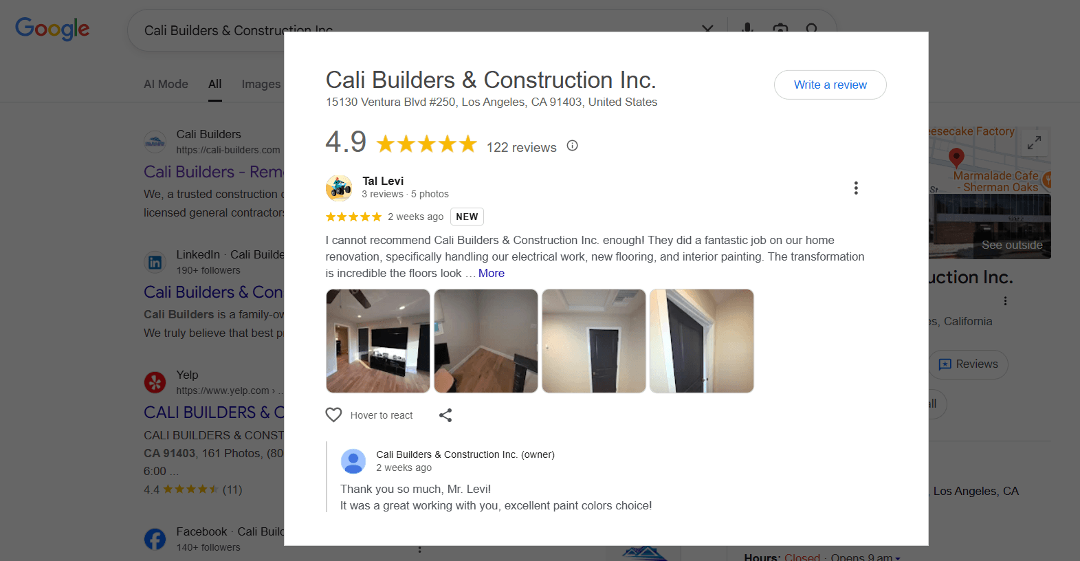 Google review listing for a construction company showing star rating, customer testimonials, and project photos.