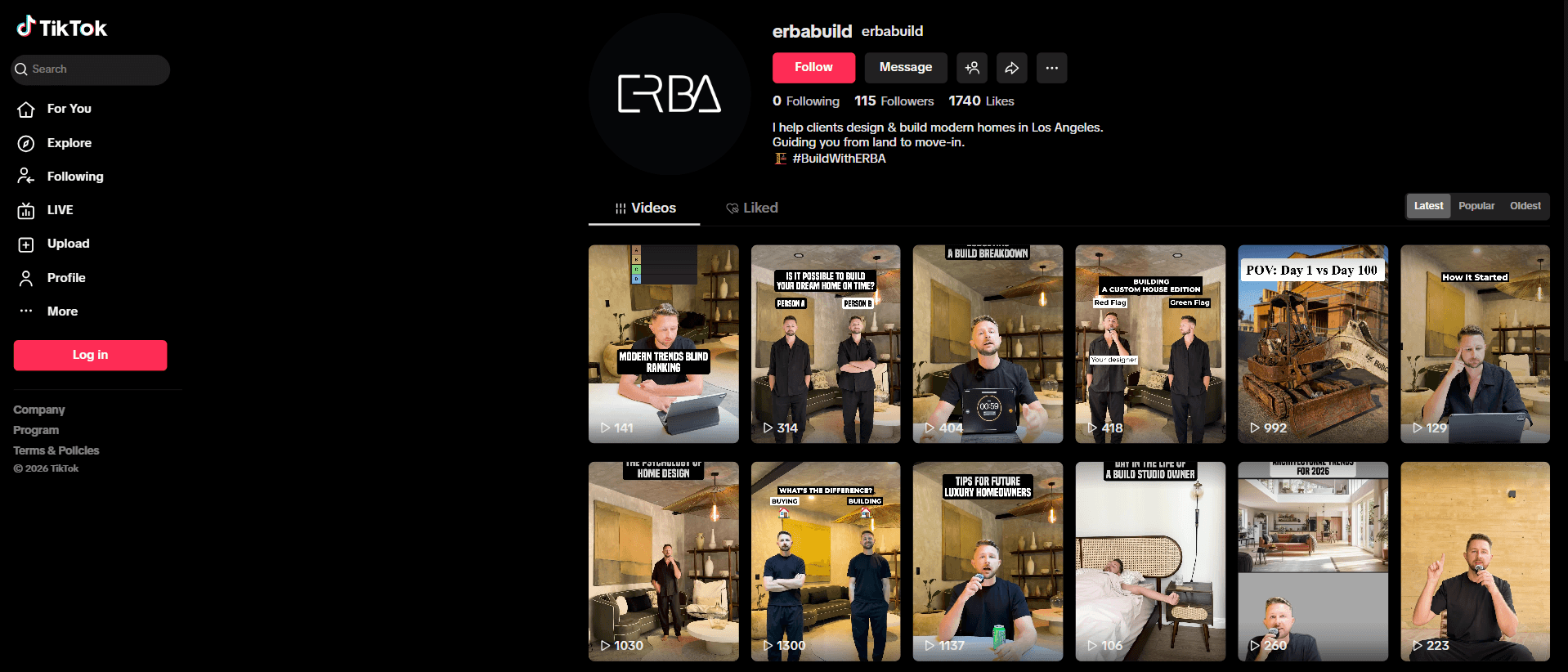 Construction company social media profile featuring short-form video marketing content about home building and project updates.