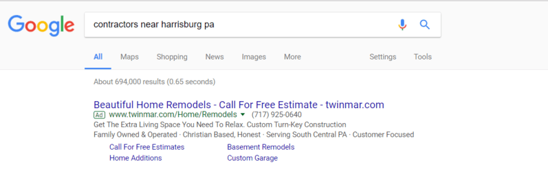 Screenshot of Google Search for contractors